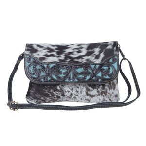 Myra Bag Blue Crescent Hand Tooled Bag Hairon Leather Purse